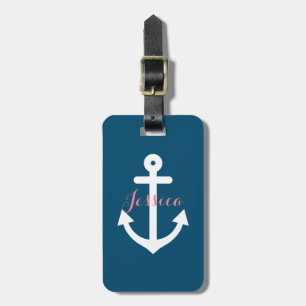 Étiquette À Bagage Monogramme nautique d'Ancre de bleu marine