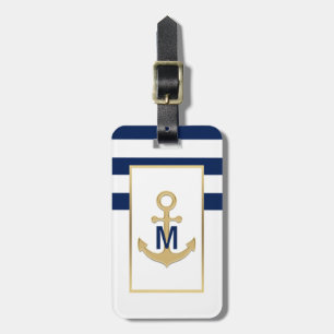 Étiquette À Bagage Monogramme nautique d'Ancre d'or de bleu marine