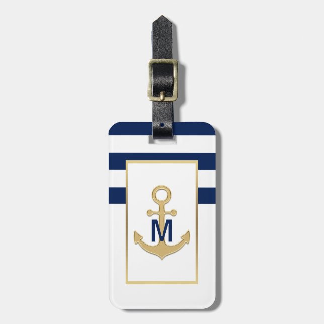Étiquette À Bagage Monogramme nautique d'Ancre d'or de bleu marine (Devant Vertical)