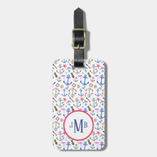 Étiquette À Bagage Monogramme nautique Girly de motif de plage d'été