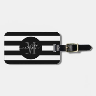 Étiquette À Bagage Monogramme noir blanc bande Girl Script Cercle