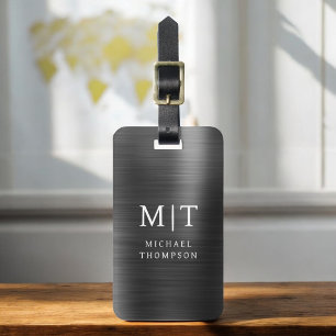 Étiquette À Bagage Monogramme Noir brossé métal élégant