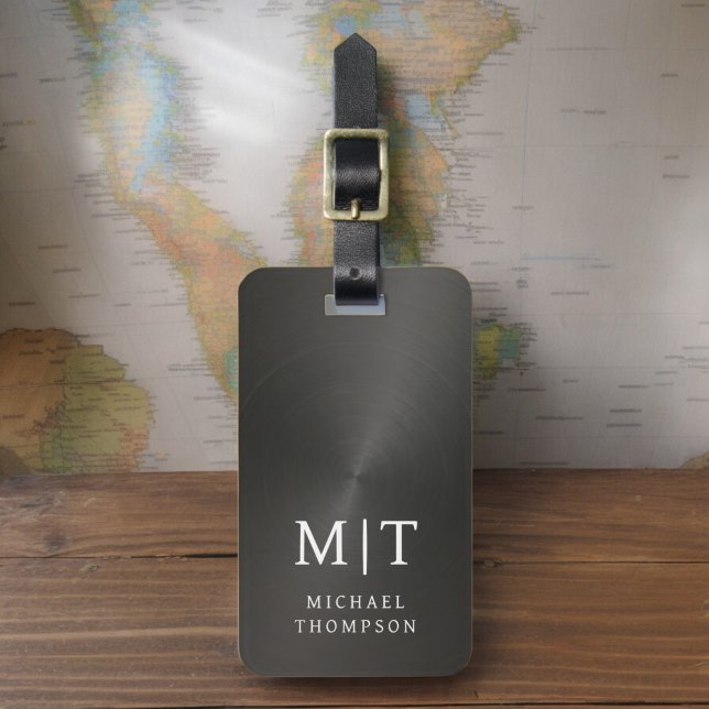 Étiquette À Bagage Monogramme Noir brossé métal élégant (Créateur téléchargé)