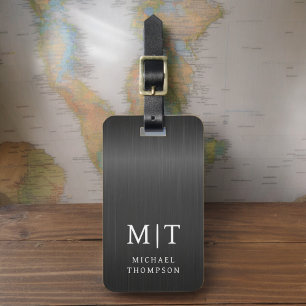 Étiquette À Bagage Monogramme Noir brossé métal élégant