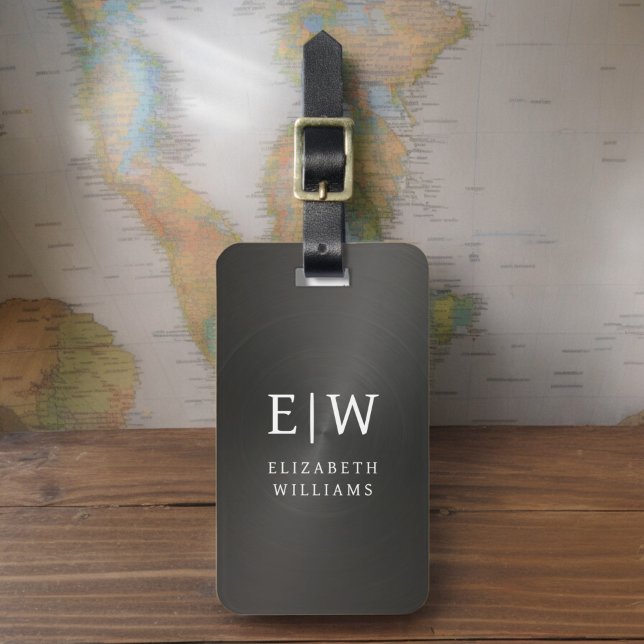 Étiquette À Bagage Monogramme Noir brossé métal élégant (Créateur téléchargé)