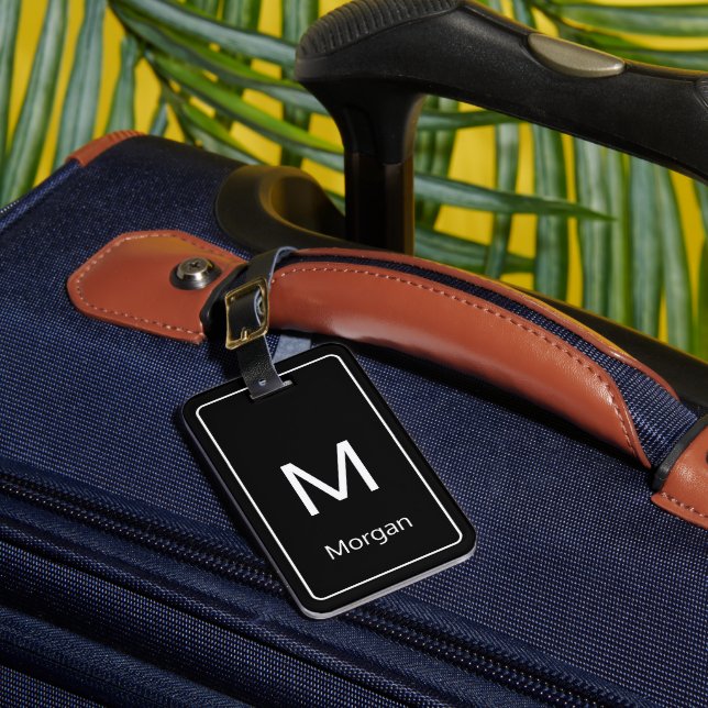 Étiquette À Bagage Monogramme noir et blanc simple et Modèle de nom (Insitu Rectoal 1)