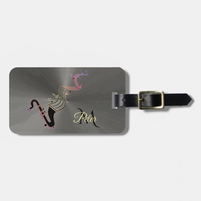 Étiquette À Bagage Monogramme noir frais de notes de saxophone et de (Devant horizontal)