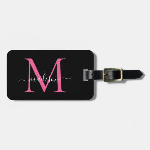 Étiquette À Bagage Monogramme noir Magenta rose Nom du script Style