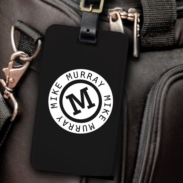 Étiquette À Bagage monogramme noir / nom rond & lettre M initiale (Créateur téléchargé)