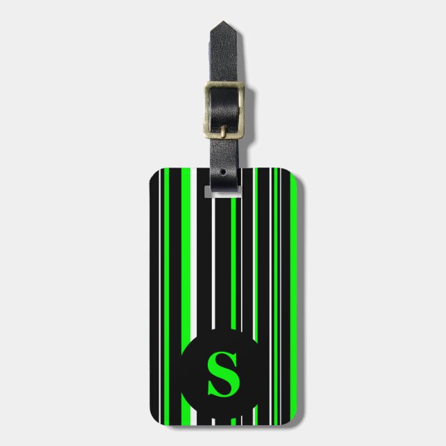 Étiquette À Bagage Monogramme noir, vert citron vert, bande circulair (Devant Vertical)