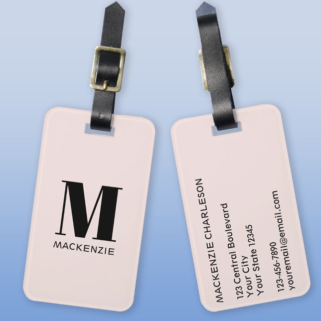 Étiquette À Bagage Monogramme Nom initial Simple Blush Pink (Monogram initial custom name modern personalized minimalist luggage tag)