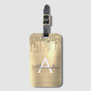 Étiquette À Bagage Monogramme Nom Métal Brossé Paillettes Dorées