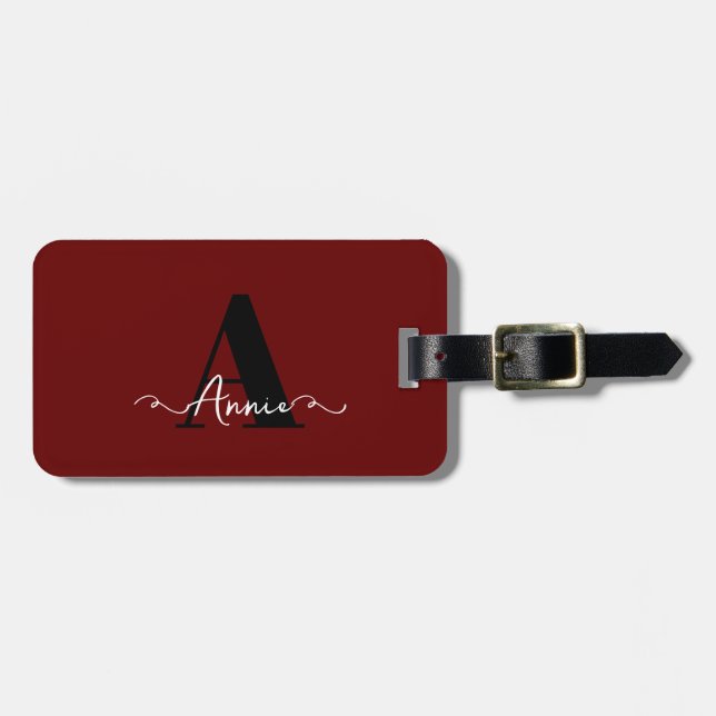 Étiquette À Bagage Monogramme Nom personnalisé Bourgogne Rouge Cadeau (Devant horizontal)