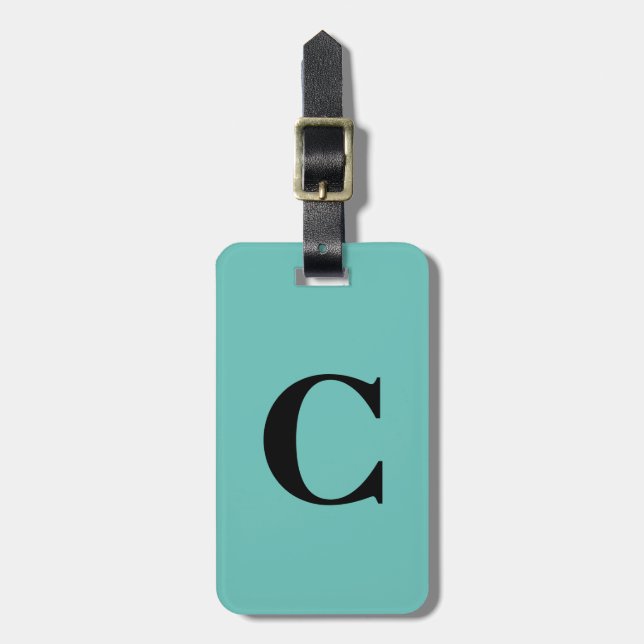 Étiquette À Bagage Monogramme Nom personnalisé initial Noir Turquoise (Devant Vertical)