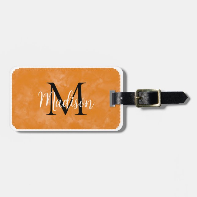 Étiquette À Bagage Monogramme Nom personnalisé initial Orange Aquarel (Devant horizontal)