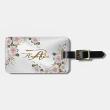 Monogramme Nom rose Floral Argent gris Voyage