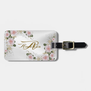 Étiquette À Bagage Monogramme Nom rose Floral Argent gris Voyage