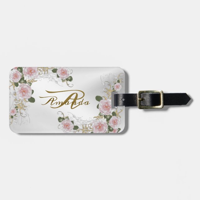 Étiquette À Bagage Monogramme Nom rose Floral Argent gris Voyage (Devant horizontal)