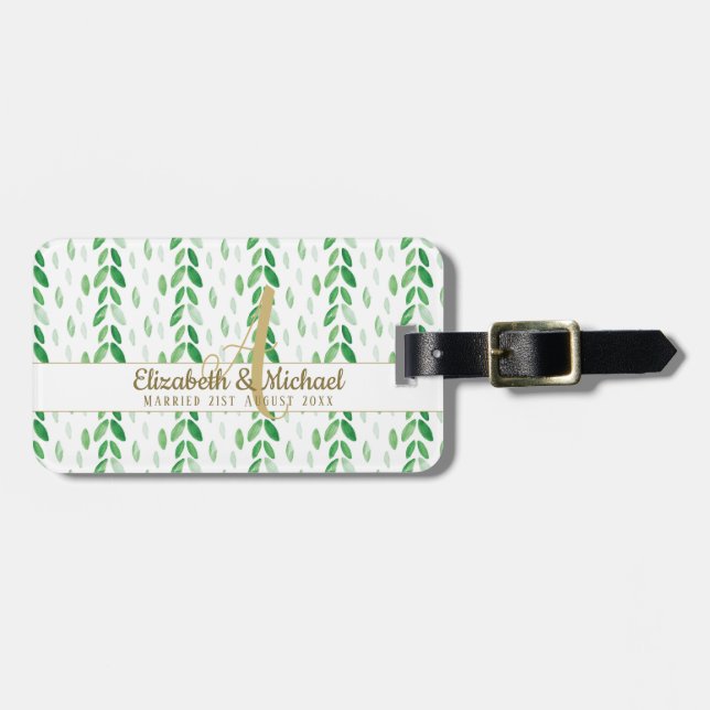 Étiquette À Bagage Monogramme or Aquarelle botanique Verdure Mariage (Devant horizontal)