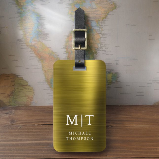 Étiquette À Bagage Monogramme Or brossé métal élégant (Créateur téléchargé)