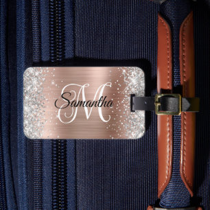 Étiquette À Bagage Monogramme or Curly Rose Parties scintillant argen