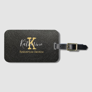 Étiquette À Bagage Monogramme or initial et nom sur noir