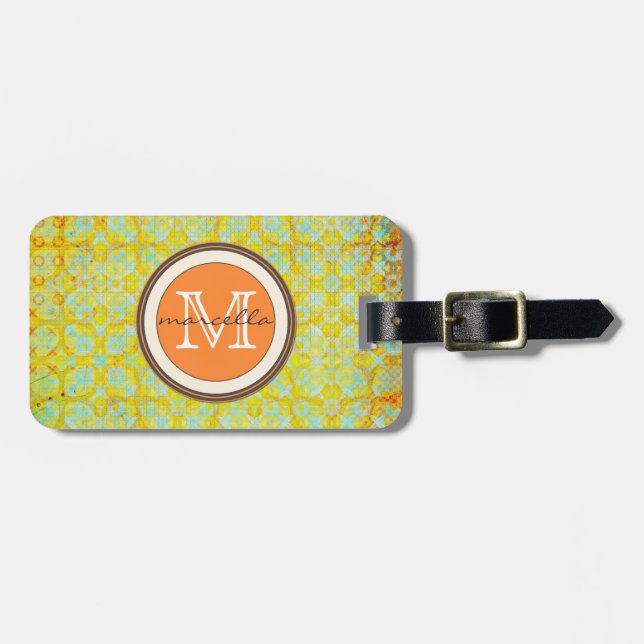 Étiquette À Bagage Monogramme orange vert clair de motif (Devant horizontal)