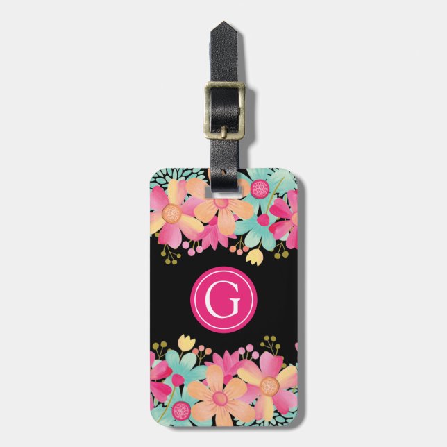 Étiquette À Bagage Monogramme Original Floral Painting Bagage ID (Devant Vertical)