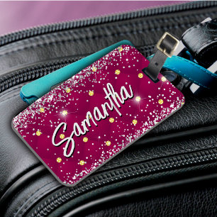 Étiquette À Bagage Monogramme pailleté scintillant rouge argent éléga