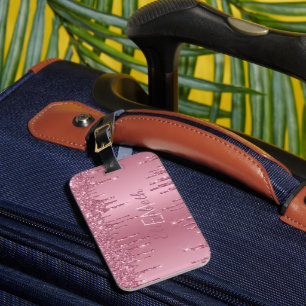 Étiquette À Bagage Monogramme Parties scintillant à séchage rose méta