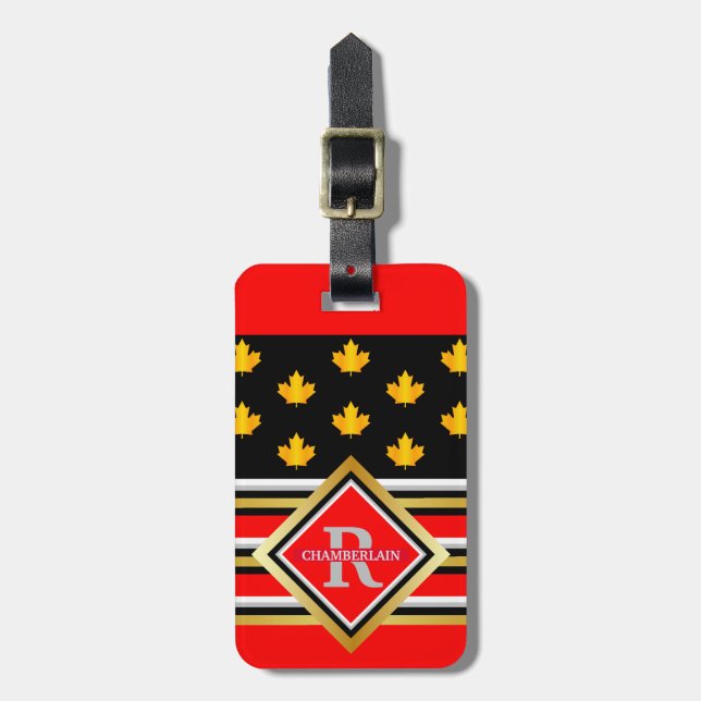 Étiquette À Bagage Monogramme patriotique Faux Gold Maple Rouge et No (Devant Vertical)
