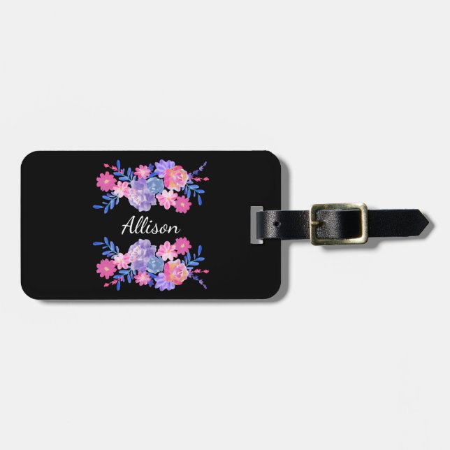 Étiquette À Bagage Monogramme personnalisé à fleurs noires (Devant horizontal)