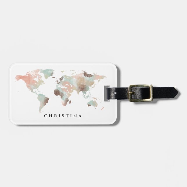 Étiquette À Bagage Monogramme personnalisé Aquarelle Carte du monde V (Devant horizontal)