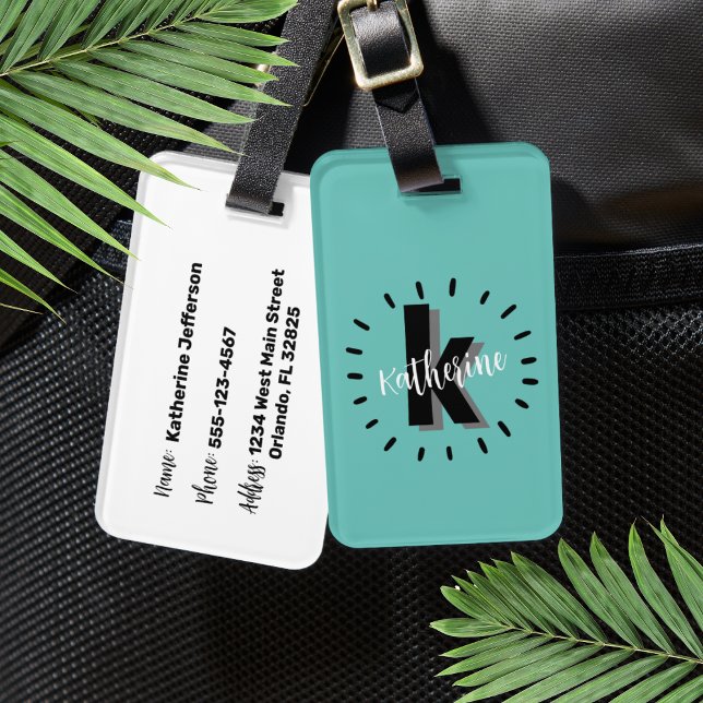 Étiquette À Bagage Monogramme personnalisé bleu sarcelle (Chic Simple Turquoise Initial Monogram Luggage Tag)