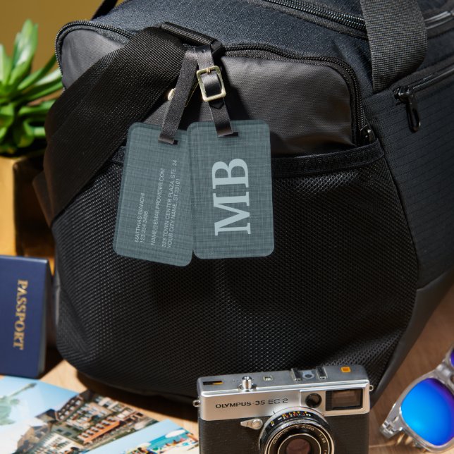 Étiquette À Bagage Monogramme personnalisé bleu sarcelle foncé gris (Recto & Verso)