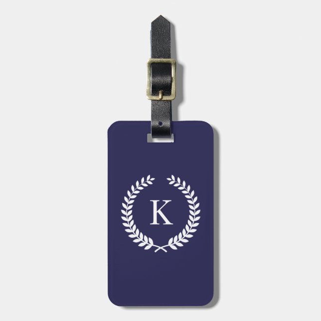 Étiquette À Bagage Monogramme personnalisé de blanc de bleu marine (Devant Vertical)