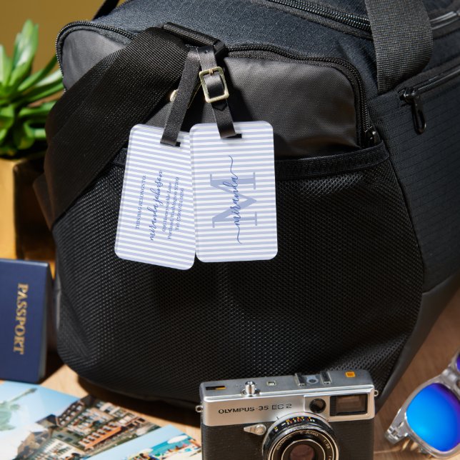 Étiquette À Bagage Monogramme Personnalisé Élégant Rayure Bleue (Recto & Verso)
