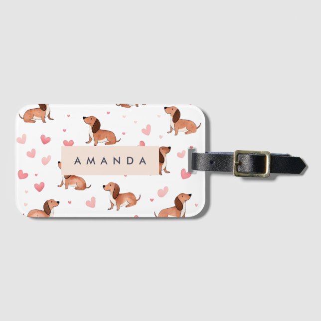 Étiquette À Bagage Monogramme Personnalisé Mignon Chien Dachshund (Devant Horizontal)