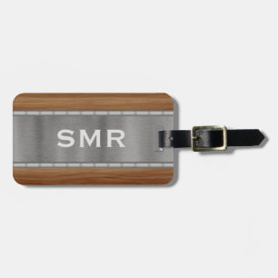 Étiquette À Bagage Monogramme Personnalisé Moderne Aspect Bois Métal