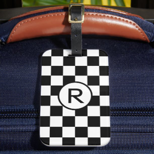 Étiquette À Bagage Monogramme personnalisé Motif À damiers noir et bl