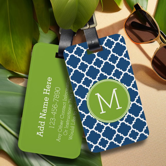 Étiquette À Bagage Monogramme personnalisé Motif de chaux et de quatr (Personalized luggage tag - Add Your contact information and monogram)