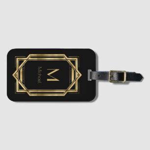 Étiquette À Bagage Monogramme personnalisé noir et or Géométrique