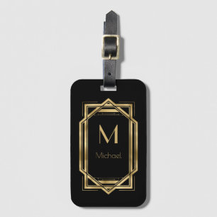 Étiquette À Bagage Monogramme personnalisé noir et or Géométrique