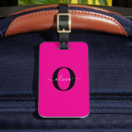 Étiquette À Bagage Monogramme personnalisé Nom du script rose noir bl