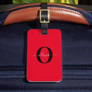 Étiquette À Bagage Monogramme personnalisé Nom du script Rouge Noir B