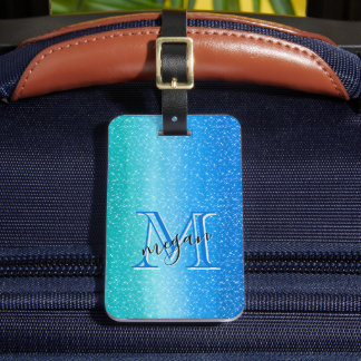 Étiquette À Bagage Monogramme personnalisé Ombre bleu étincelle