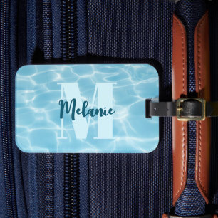 Étiquette À Bagage Monogramme personnalisé Piscine bleue Moderne