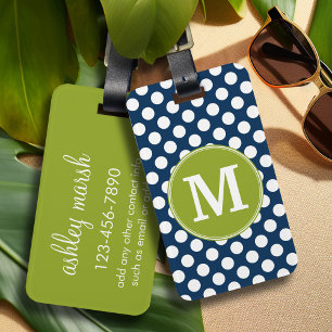 Étiquette À Bagage Monogramme personnalisé Pois bleu marine et vert c