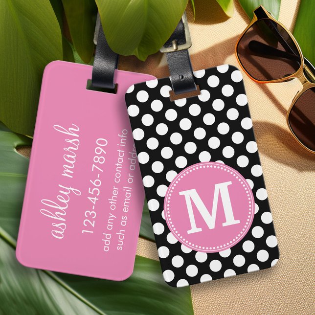 Étiquette À Bagage Monogramme personnalisé Pois noirs et roses chauds (Custom Luggage Tag)