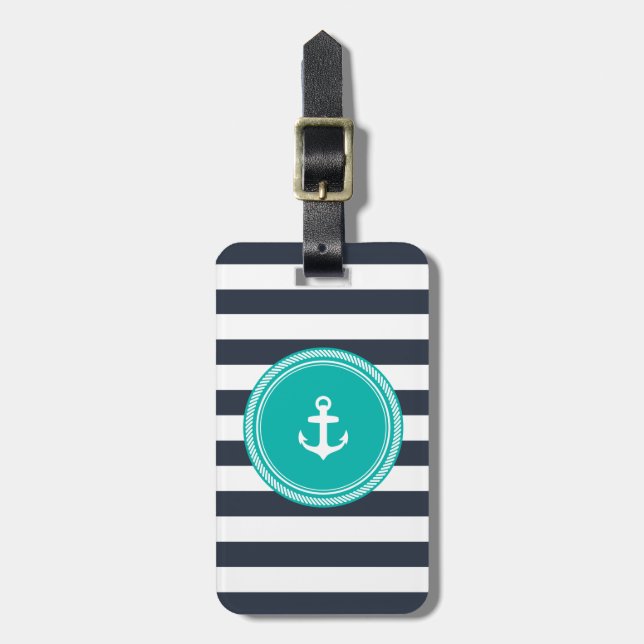 Étiquette À Bagage Monogramme personnalisé Turquoise et marine nautiq (Devant Vertical)